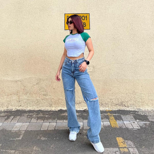 Blue Basic Ripped Straight Leg High Rise Jeans - Core Denims