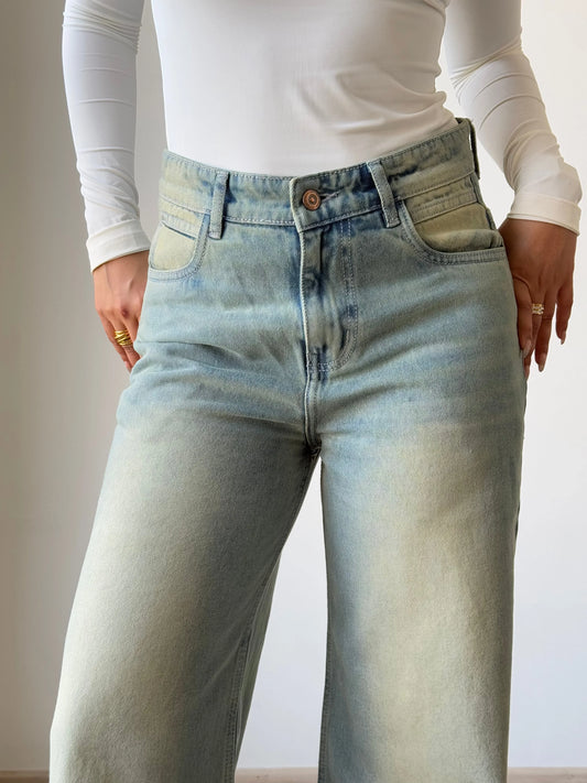 Blue Vintage Yellow Tinted Wide Leg Jeans - Core Denims