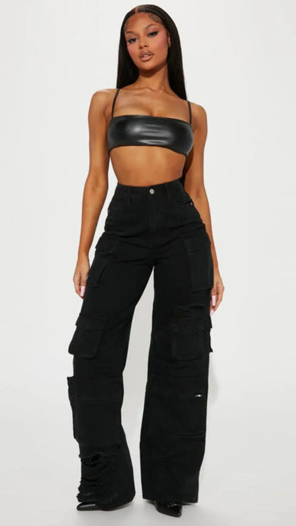 Black Distress Cargo Pants - Core Denims