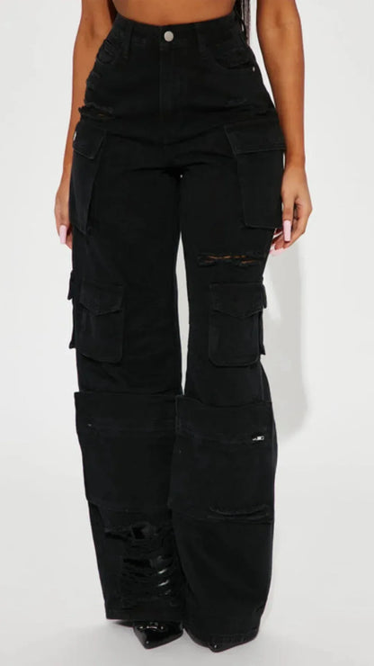 Black Distress Cargo Pants - Core Denims