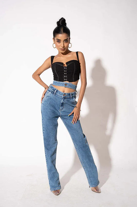 Blue Double Belt Straight High Waist Jeans - Core Denims