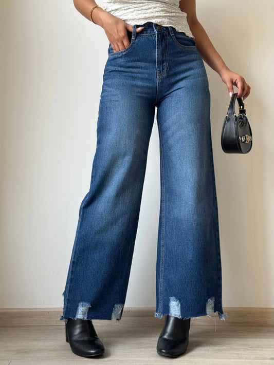 Blue Destroyed Hem Fade Wide Leg Cropped Jeans - Core Denims