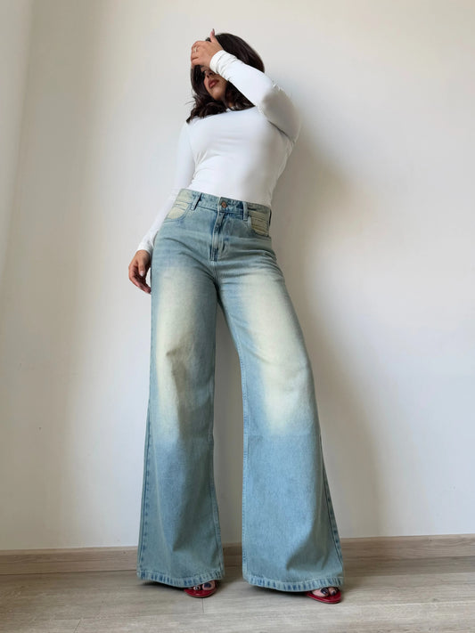 Blue Vintage Yellow Tinted Wide Leg Jeans - Core Denims