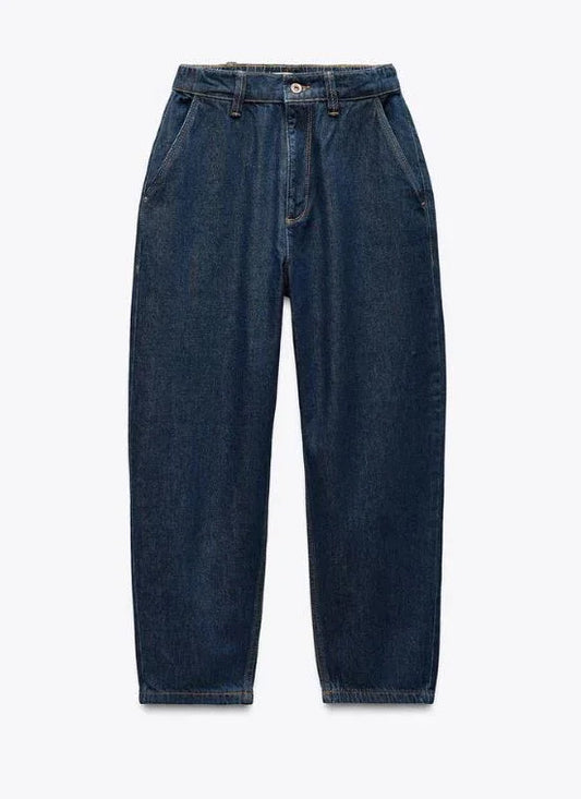 DARK BLUE MID-RISE TAPERED JEANS - Core Denims