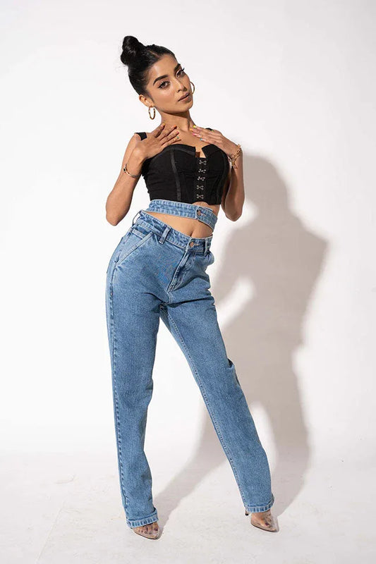 Blue Double Belt Straight High Waist Jeans - Core Denims